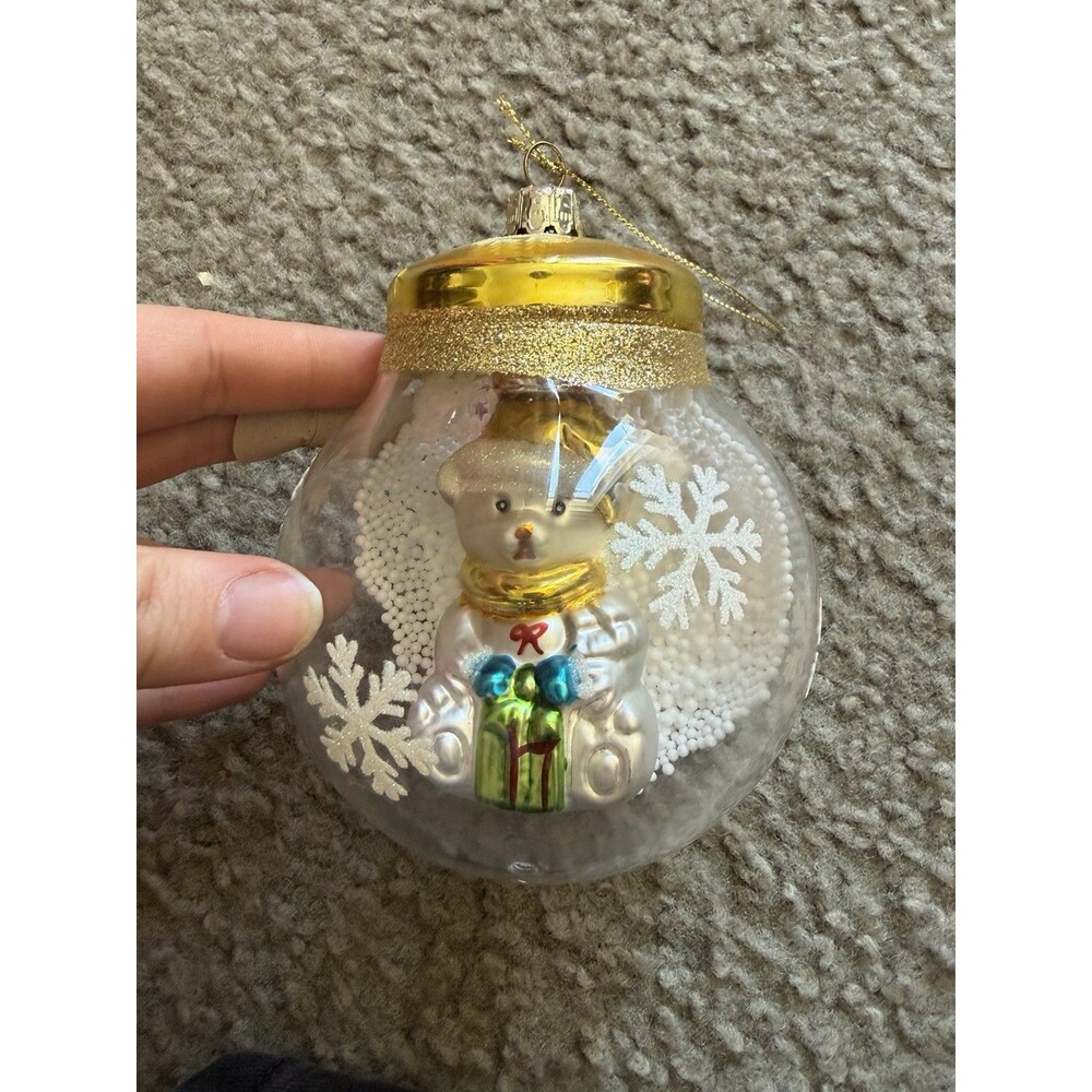 North Pole Trading Co Collectible Glass Christmas Ornament Teddy Bear Globe Snow